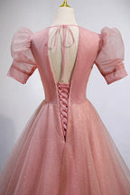 Abiti lunghi da sera rosa in tulle con scollo a V, linea a trapezio, maniche corte, modello Y892