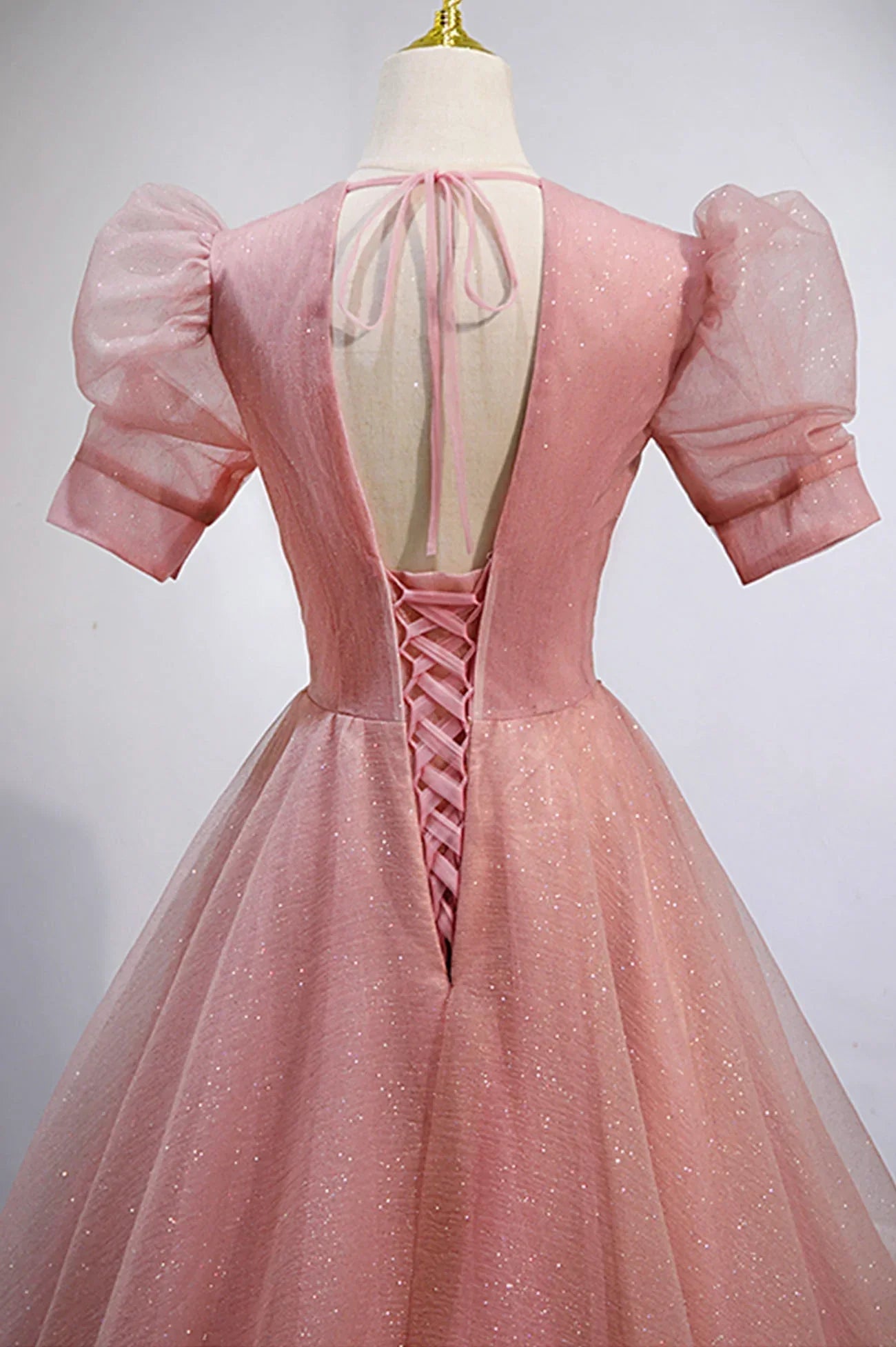 Vestidos longos de baile em tule rosa com decote em V, corte em A, mangas curtas, vestidos de noite Y892