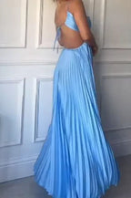 Vestido longo azul sexy com alças finas em alça halter, corte em linha A, para baile, sem costas, vestido de noite Y8090