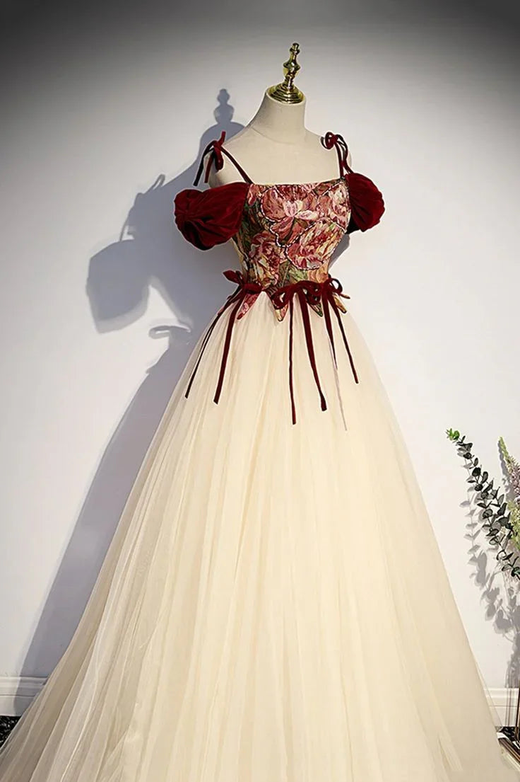 Vestido Longo de Festa com Alças Finas em Tule de Champanhe, Modelo Linha A, Vestido de Baile Y7952