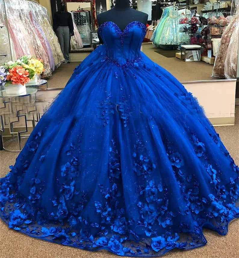 Abito da Principessa Blu Reale Abito da Quinceañera Blu Reale con Fiori 3D Splendido Abito da Ballo Y281