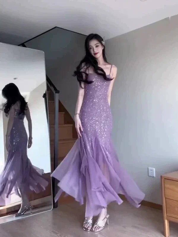 Abito da sera viola in chiffon con perline, spalline sottili, stile sirena, abito da ballo Y7812