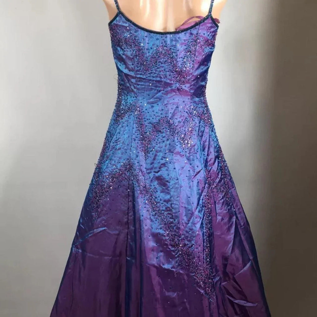 Splendido abito da sera viola con perline a linea ad A, spalline sottili, vestito da festa e ballo Y7955