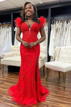 Vestido de Baile Vermelho com Renda e Cauda de Sereia com Fenda Vestido de Noite Vermelho Y5721