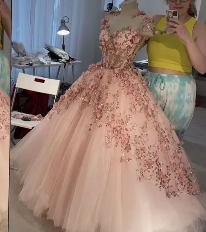 Abito a sfera con applicazioni di fiori rosa cipria, abiti da sera in tulle a linea ad A, abiti per quinceañera Y388