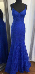 Abito da sera elegante a sirena con scollo a V in pizzo blu reale Y819