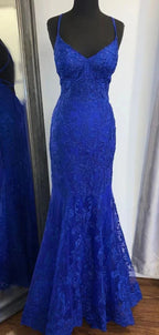 Abito da sera elegante a sirena con scollo a V in pizzo blu reale Y819