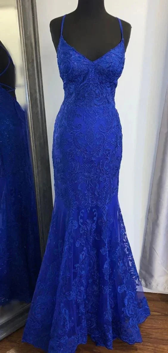 Abito da sera elegante a sirena con scollo a V in pizzo blu reale Y819