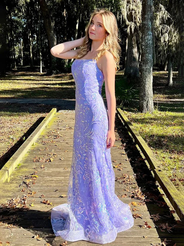 Vestido Longo de Baile e de Noite com Alças de Espaguete, Renda Lilás e Lantejoulas, Modelo Sereia Encantadora Y8235