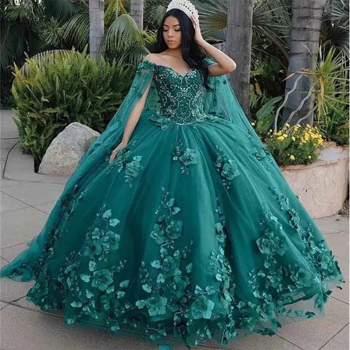 Abito da Principessa per Quinceañera con Spalle Scoperte, Scollo a Cuore, Perline e Fiori 3D, Abito a Palloncino con Mantello in Tulle, Vestito da Sera Y4334