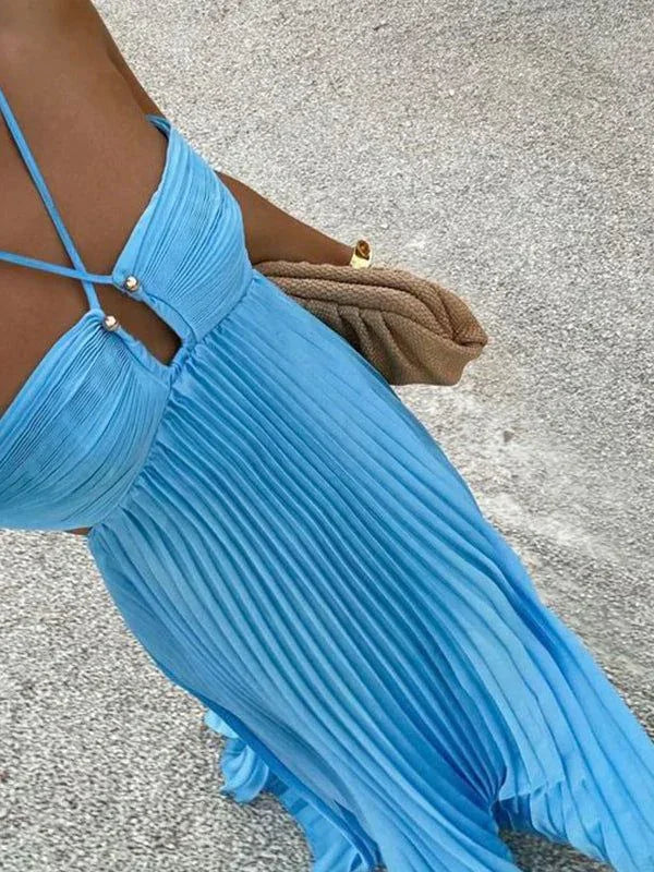 Vestido longo azul sexy com alças finas em alça halter, corte em linha A, para baile, sem costas, vestido de noite Y8090