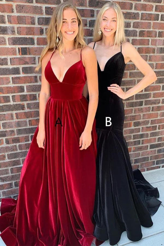 Samt A-Linie V-Ausschnitt Spaghettiträger Lange Ballkleider, Partykleid