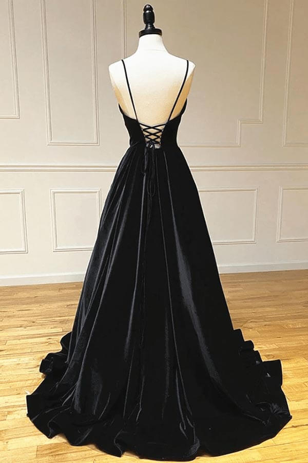 Samt A-Linie V-Ausschnitt Spaghettiträger Lange Ballkleider, Partykleid