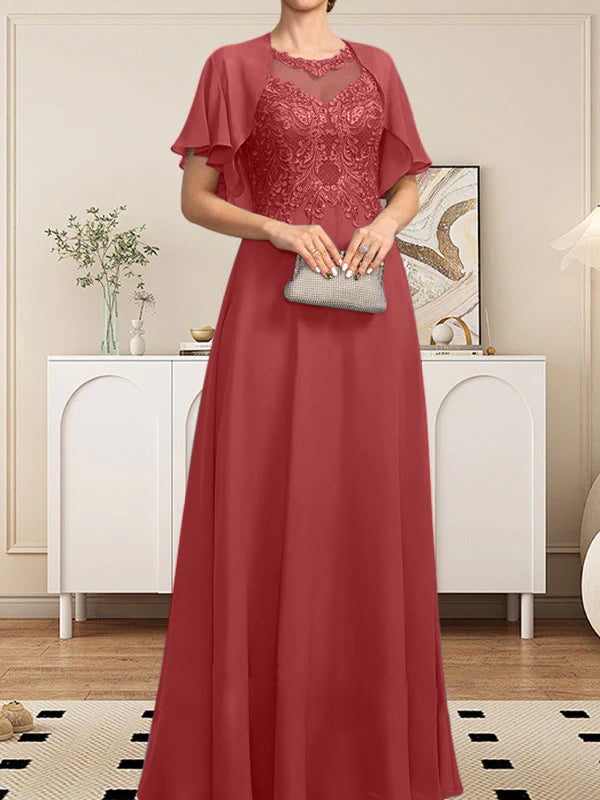 A-Linie, U-Ausschnitt, Illusion, bodenlanges Spitzen-Chiffon-Kleid für die Brautmutter mit Pailletten