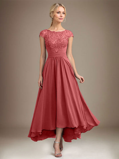 A-Linie U-Ausschnitt Illusion Asymmetrische Spitze Chiffon Mutter der Braut Kleid Mit Plissee 