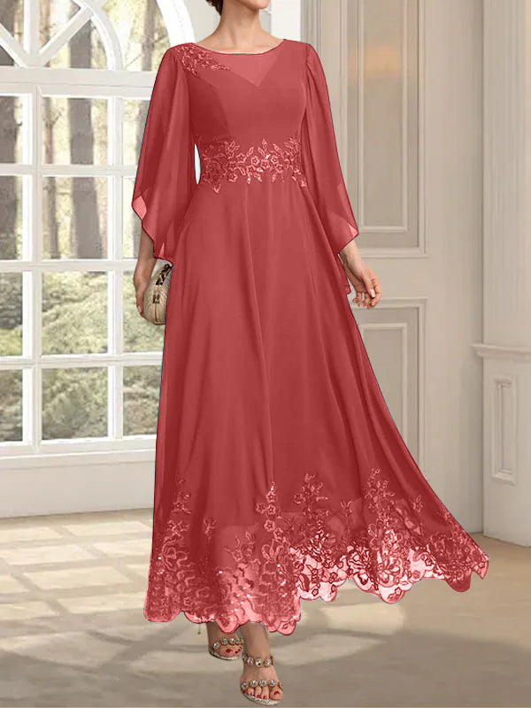 Robe de mère de la mariée en mousseline de soie à dentelle, longueur cheville, illusion décolleté en forme de A, ornée de paillettes