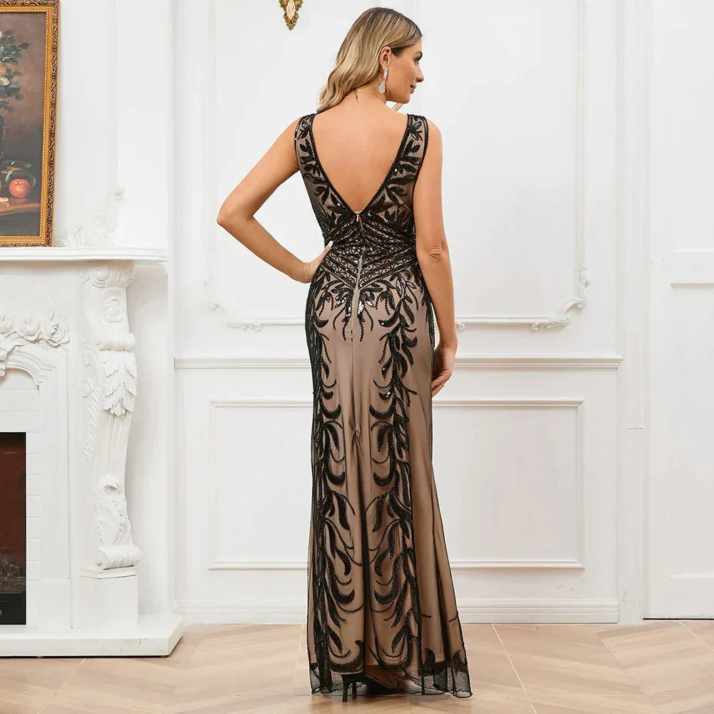 Vestidos Vintage para Mulher com Lantejoulas e Bordados, Vestidos Longos de Noite Formais, Decote Redondo, Renda Longa, Sexy, para Festa e Ocasiões Especiais