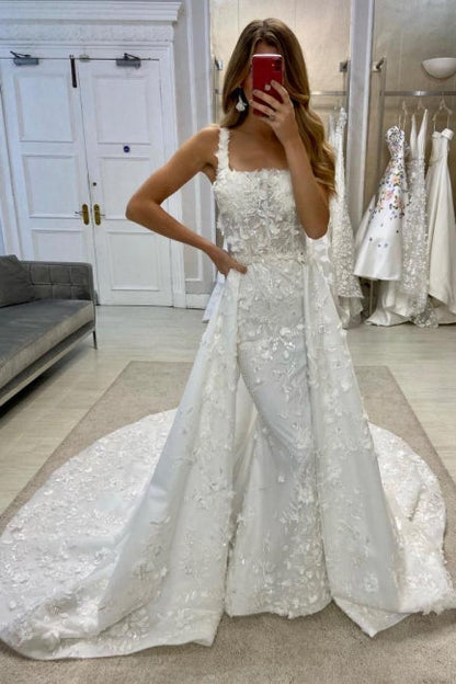 Vintage Langes A-Linien-Brautkleid mit Spitze und ärmellosen Applikationen und abnehmbarer Schleppe