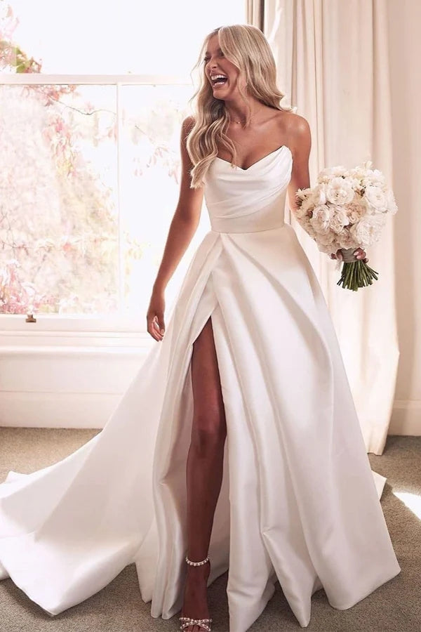 Vintage A Line Ivory Satin Beach Wedding Dress With Side Slit