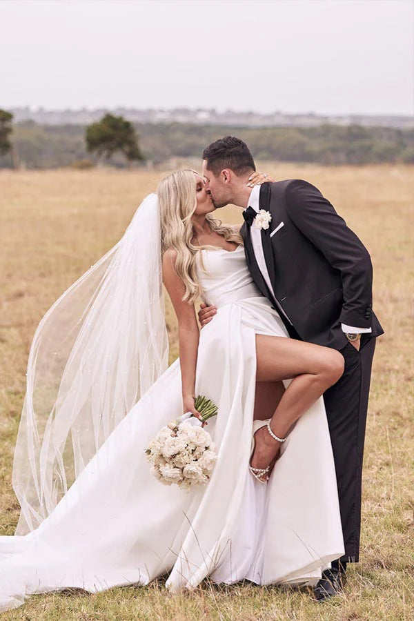 Vintage A Line Ivory Satin Beach Wedding Dress With Side Slit