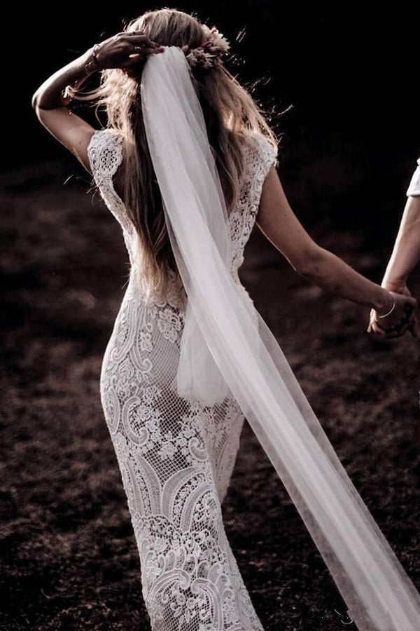 Vintage Lace Rustic Wedding Dresses Cap Sleeve Boho Wedding Gowns