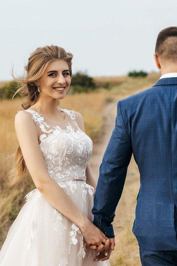 Vintage Lace Scoop Neckline A Line Tulle Wedding Bridal Dress