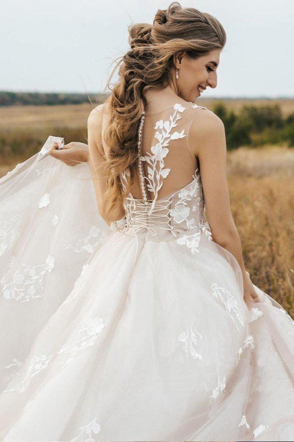 Vintage Lace Scoop Neckline A Line Tulle Wedding Bridal Dress