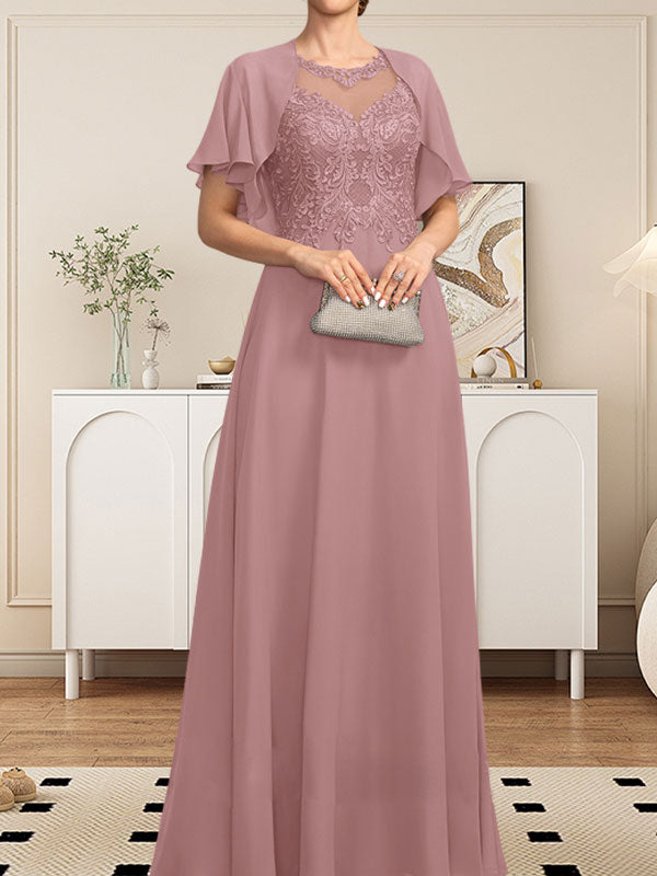 A-Linie, U-Ausschnitt, Illusion, bodenlanges Spitzen-Chiffon-Kleid für die Brautmutter mit Pailletten