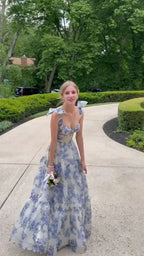 Robe longue de bal à imprimé floral bleu en ligne A Robe de soirée bleue Y2560