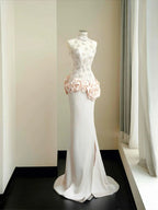 Abito da sera elegante rosa chiaro in raso con pizzo, paillettes e perline, spacco, modello sirena, abito da ballo Y8672