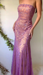 Incantevole abito da sera a sirena senza spalline in tulle con perline Y8136