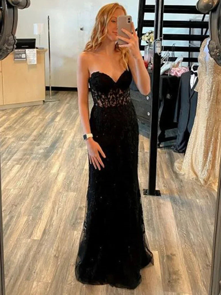 Vestidos longos de baile com renda preta e costas abertas estilo sereia, vestidos formais pretos sem alças, vestidos de noite em renda preta Y1794