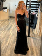 Vestidos longos de baile com renda preta e costas abertas estilo sereia, vestidos formais pretos sem alças, vestidos de noite em renda preta Y1794