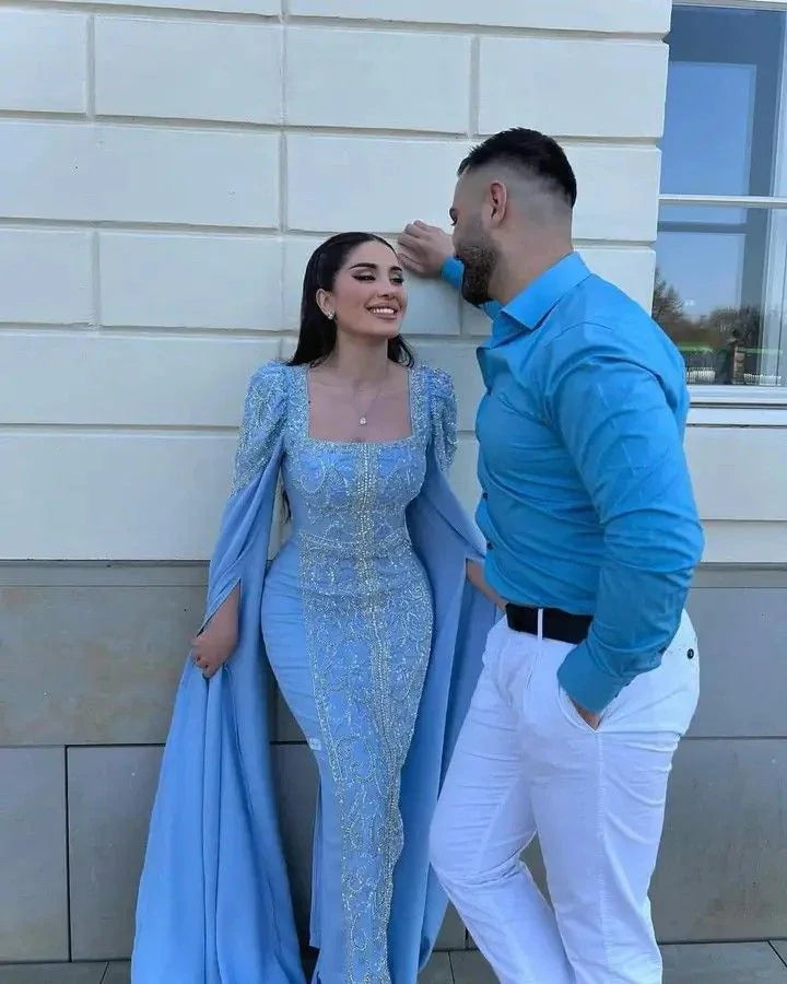 فساتين سهرة فاخرة أنيقة بالخرز الأزرق والترتر مع حواف من الساتان ووشاح، فستان مسلم عربي من دبي Y4669