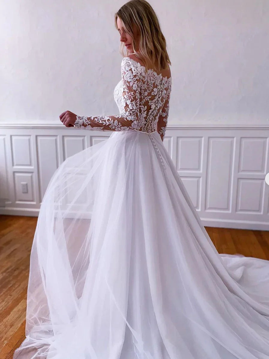 Vestido longo de baile em tule com renda branca, vestido de noite em tule com renda branca Y251