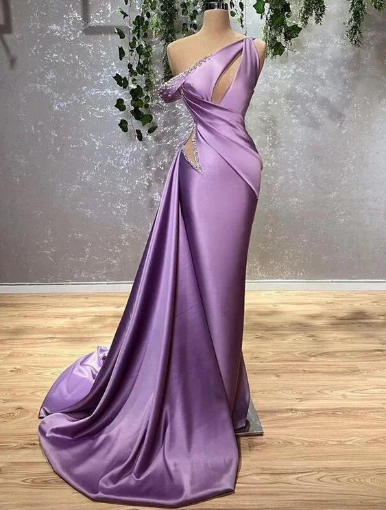 Abiti da ballo viola, abiti da ballo con apertura a goccia, abiti da sera in raso Y4285