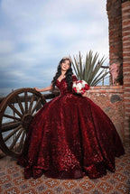 Robe de bal bordeaux à sequins et épaules dénudées, robe de seize ans, robe de quinceañera Y2203