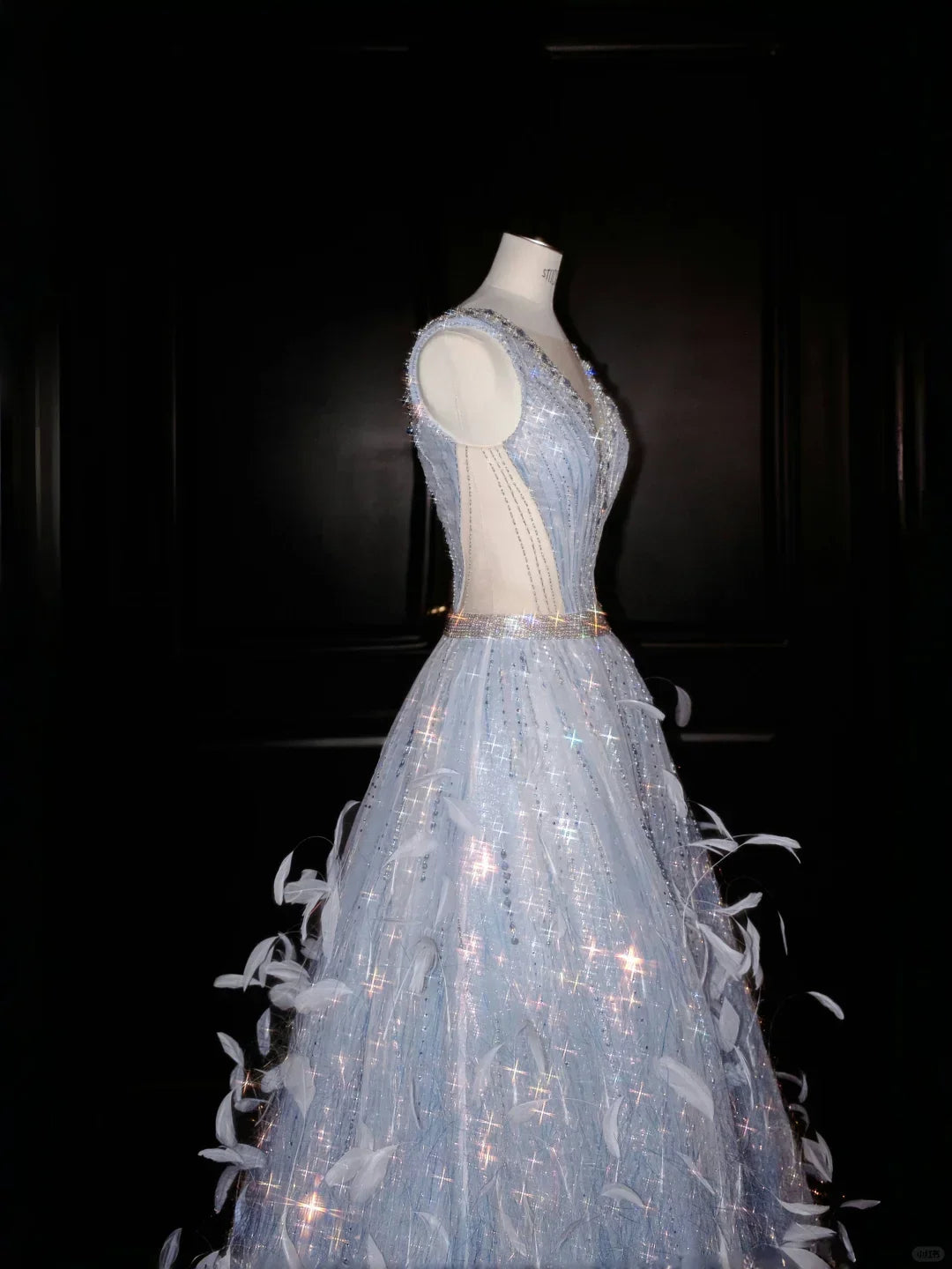 Vestido de Festa com Decote em V, Tule, Contas e Penas, Corte em A, Vestido de Noite Y8682