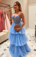 Abito da cerimonia a strati in tulle blu con spalline sottili a linea ad A Abito da diploma blu Abito da sera incantevole Y453