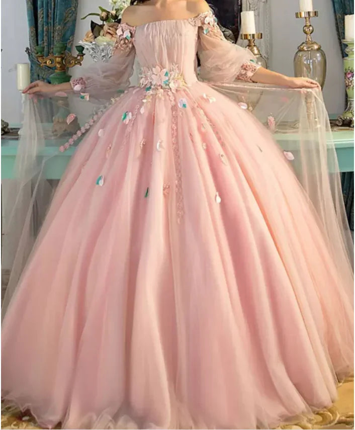 Abito da Ballo Manica Lunga, Abito da Ballo Lungo Fiabesco Floreale Rosa Perla S24387