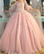 Abito da Ballo Manica Lunga, Abito da Ballo Lungo Fiabesco Floreale Rosa Perla S24387