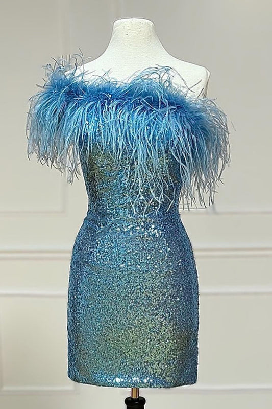 Sparkly Tight Sequins Homecoming Dress with Feathers