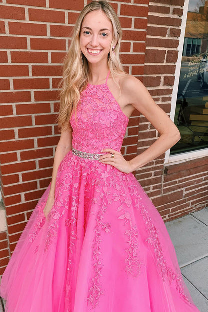 Roycebridal Nyla | Vestido de fiesta de tul con cuello halter, corte A, rosa intenso y apliques