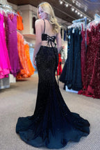 Mermaid Spaghettti Strap Beaded Satin Prom Dress with Slit