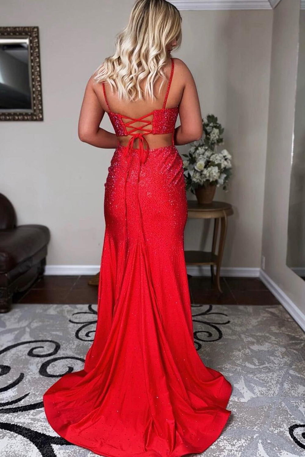 Mermaid Spaghettti Strap Beaded Satin Prom Dress with Slit