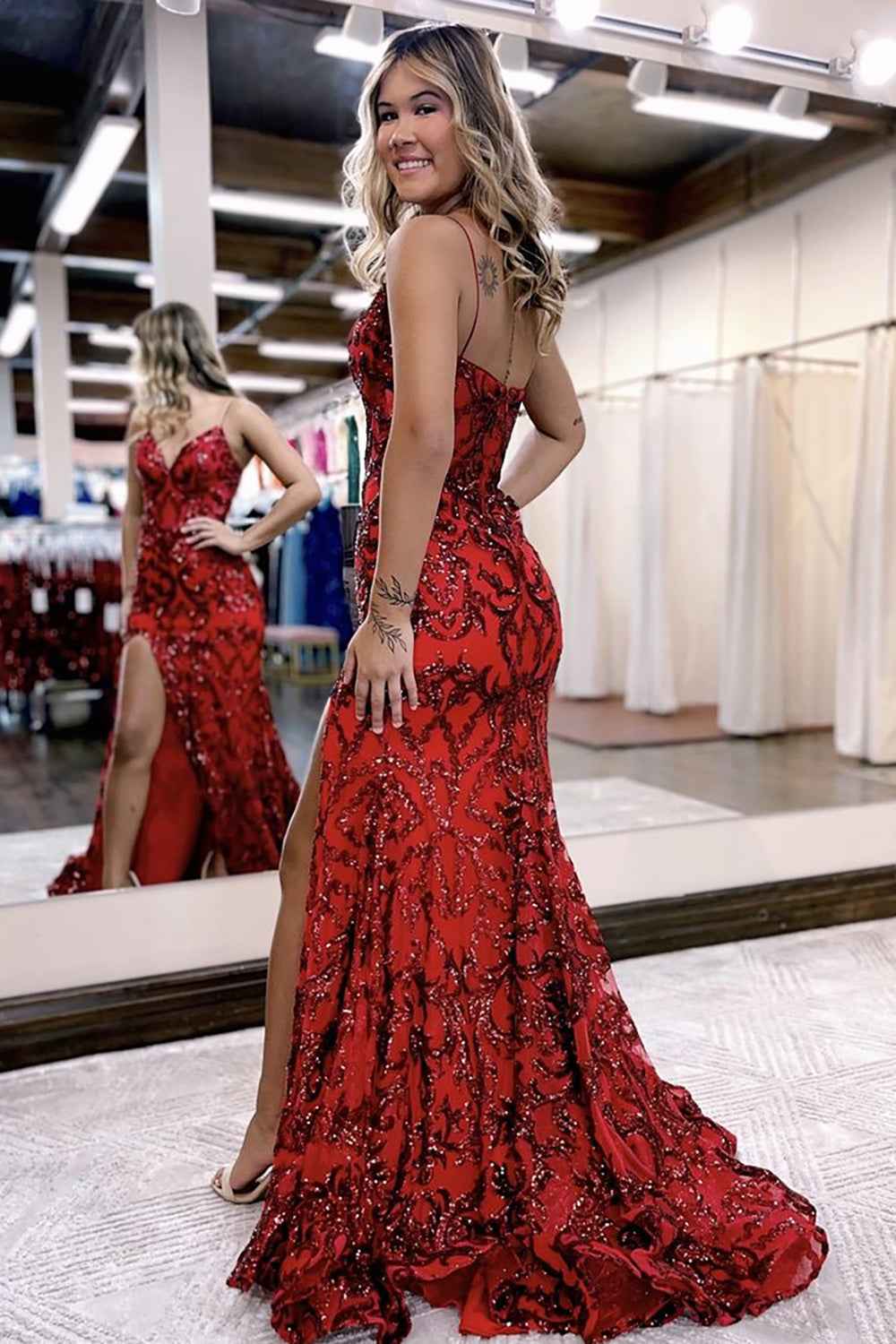 Orange Sequin Mermaid Prom Dress With Spaghetti Straps For Evening Party