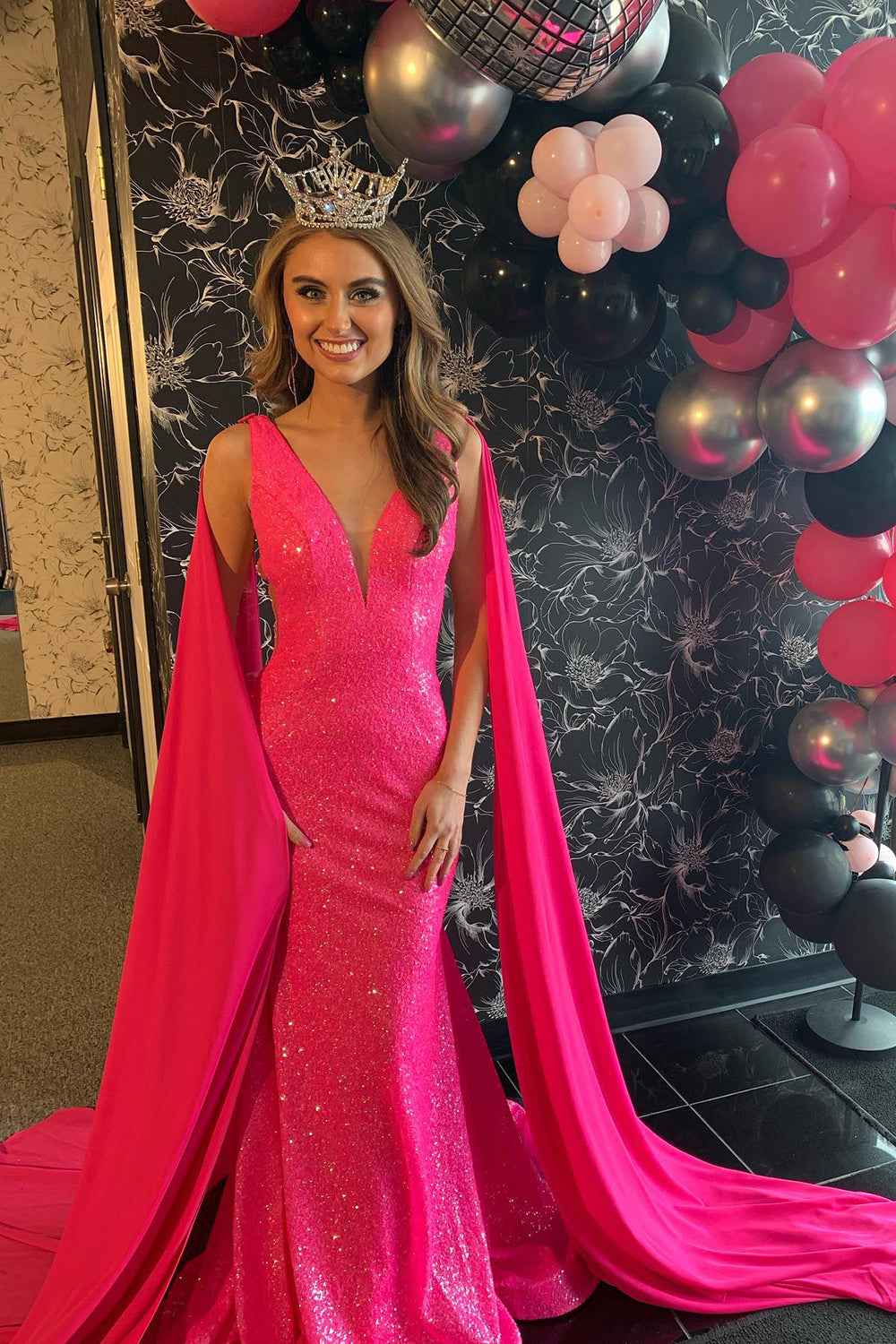 Hot Pink Sequin Mermaid Prom Dress With Wateau Train For Wedding Party