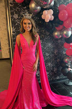 Hot Pink Sequin Mermaid Prom Dress With Wateau Train For Wedding Party