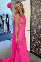 Hot Pink Sequin Mermaid Prom Dress With Wateau Train For Wedding Party