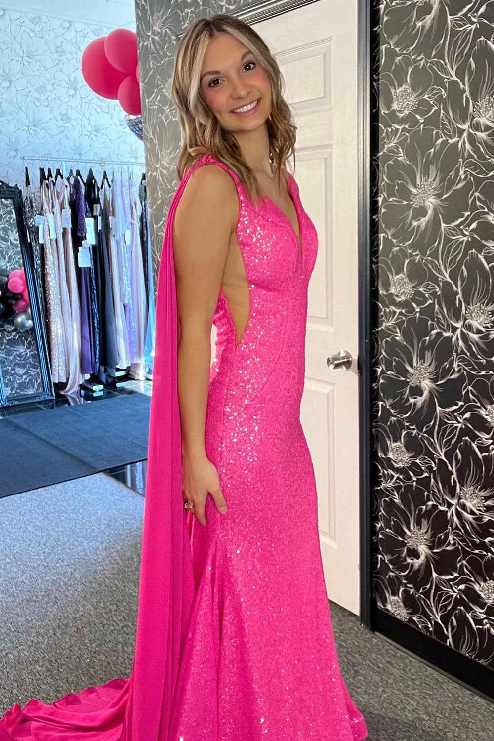 Hot Pink Sequin Mermaid Prom Dress With Wateau Train For Wedding Party